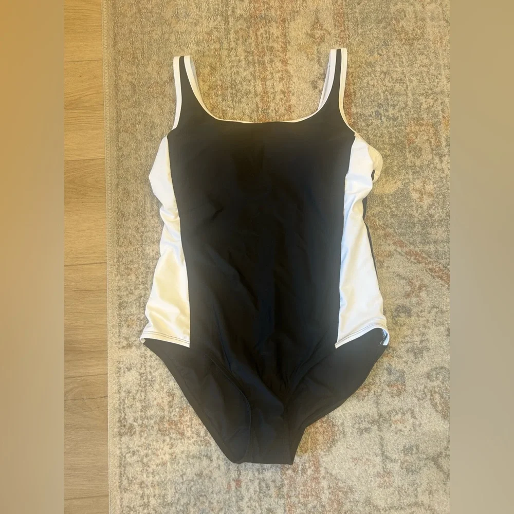 Lands' End Slimming Slender One Piece Swimsuit Sz L 14-16 Black White Modest - Picture 2 of 8
